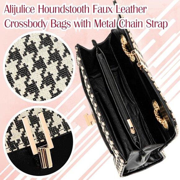 Luxury Houndstooth Crossbody Clutch with Metallic Chain & Rabbit Doll - Picture 3 of 7